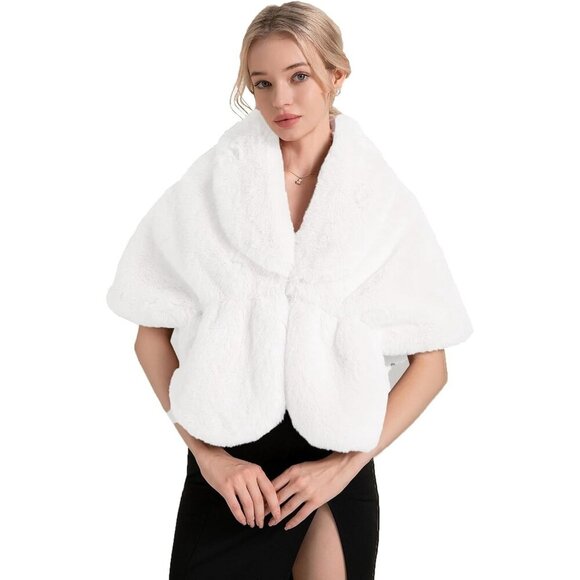 🆕 Fashowlife New Faux Fur Cloak Shawl Women White Scarf Warm Wrap Stole Shrug - Picture 1 of 8